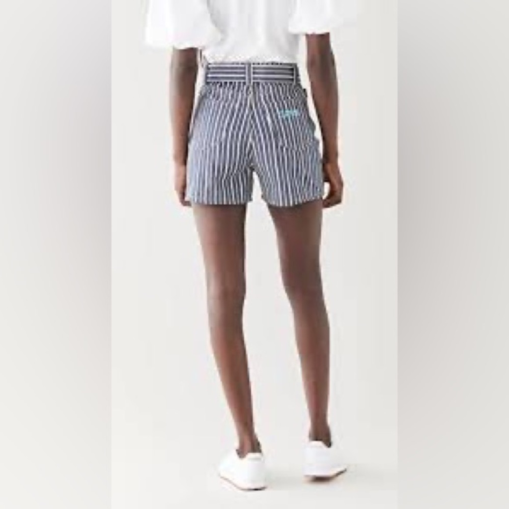 ❌SOLD❌NWOT Ganni Mixed Stripe Dark Indigo Denim Buster Top & Shorts Set💙🤍💙 - Picture 4 of 16